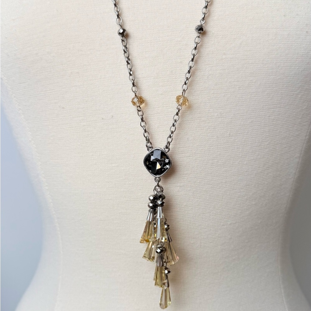 JNY Long Tassel Necklace | Sparkling Crystal Pendant | Silver Tone